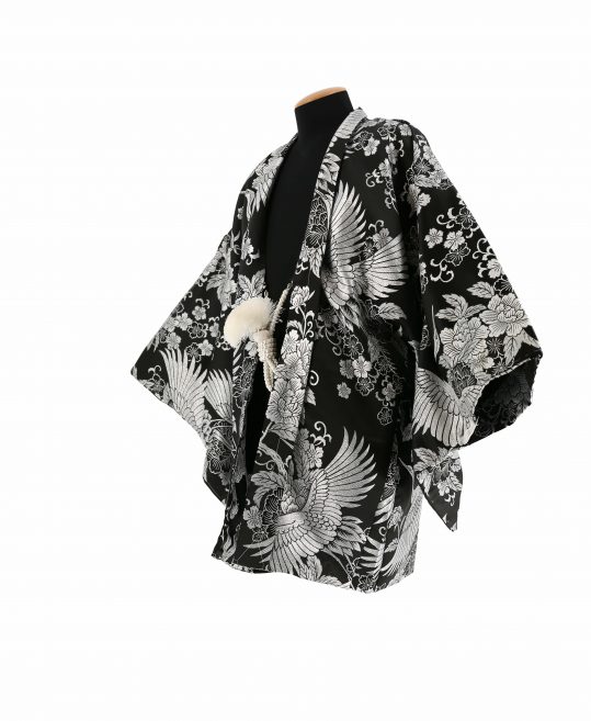 紋付袴レンタル・成人式・結婚式・卒業式【羽織】黒　銀の鶴と牡丹[身長170cm対応]No.322